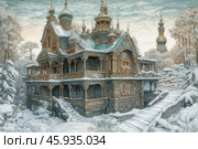 A magnificent winter landscape with a traditional Russian wooden terem, decorated with complex carved elements and patterns. The terem is made in the style of ancient Russian architecture, with a multi-tiered roof decorated with small turrets, domes and figured gables. The decorations are rich in detail: ornaments, carved columns and balconies create a feeling of fabulous wealth and grandeur.The building is surrounded by a dense forest covered with a thick layer of snow. In front of the terem, a wide staircase leading to the entrance is visible, and the roofs and ledges of the buildings are also covered with snow, emphasizing the winter atmosphere. The sky is painted in soft pastel tones: from blue to pale yellow, creating the effect of a frosty but sunny day. This image perfectly conveys the spirit of Russian fairy tales and winter at its best. Стоковое AI-изображение, AI-художник Анна Кривицкая / Фотобанк Лори