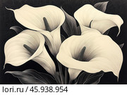 Elegant white calla lilies on a black background. Calla lilies with long curved petals and smooth central stamens look refined and graceful. The contrast between the whiteness of the flowers and the deep black background emphasizes their sophistication and makes the composition expressive. Clear lines and textures of the petals create a sense of grace and fragility. The leaves of the plants are detailed and add volume to the composition. Стоковое AI-изображение, AI-художник Анна Кривицкая / Фотобанк Лори