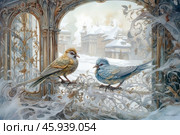 Two birds perched on intricately decorated metal rods that are part of an openwork arch covered in ice and snow. In the background, snow-covered buildings in the style of old architecture can be seen, creating the atmosphere of a winter morning. The birds, one with feathers of a warm golden-brown hue and the other with a bluish plumage, are the center of attention. The surrounding scene is filled with elegant details: frost patterns covering the arch and soft light reflecting on the snow give the picture an airy and magical atmosphere.The entire composition is made in pastel colors with a predominance of cold blue and white shades, which emphasizes the winter theme. The painting is made in watercolor technique, which allows to convey the delicacy and lightness of the elements. The architectural details, such as the decorative elements of the arch and buildings, add depth and richness to the composition. Стоковое AI-изображение, AI-художник Анна Кривицкая / Фотобанк Лори