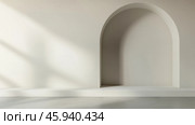 A minimalist bright room featuring an arched alcove with copy space. Стоковое AI-изображение, AI-художник Михаил Строгалев / Фотобанк Лори