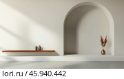 A minimalist white room featuring an arched alcove with a wooden shelf and a vase with dried flowers. Copy space. Стоковое AI-изображение, AI-художник Михаил Строгалев / Фотобанк Лори