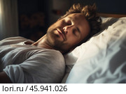 Handsome man sleeping peacefully in bed, enjoying restful sleep in morning light. Стоковое AI-изображение, AI-художник Иван Рябоконь / Фотобанк Лори