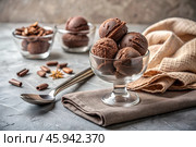 Sweet dessert. The love of ice cream. Balls of chocolate ice cream in a creamer. Ice cream day. Banner, advertisement. Стоковое AI-изображение, AI-художник Photojuli / Фотобанк Лори
