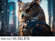 Сова на фоне современных небоскрёбов. Стоковое AI-изображение, AI-художник Татьяна  Новосёлова / Фотобанк Лори