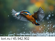 A vibrant and dynamic moment – ​​a kingfisher flying out of the water with a fish in its beak. The bird has bright plumage: an orange chest and belly, deep blue plumage on the back and wings, and a white spot on the neck. Its wings are wide open, demonstrating the elegance of flight. Drops of water fly around, emphasizing the speed and energy of the movement. In the background, soft natural shades of green and yellow are blurred, creating a calm and harmonious background. This shot perfectly conveys the natural beauty and agility of the kingfisher. Стоковое AI-изображение, AI-художник Анна Кривицкая / Фотобанк Лори