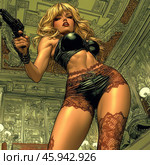 A woman with long, wavy blonde hair holding a gun in her hand. She is wearing a leather top and shorts decorated with lace, which emphasizes her silhouette and adds an element of sensuality to the image. Her pose is dynamic, her gaze is confident and purposeful. The background is an interior with luxurious decor, reminiscent of classical halls with stucco and high ceilings. Light and shadow create a dramatic atmosphere, emphasizing the contrast between her outfit and the surroundings. The visual style resembles an illustration or a frame from a comic book. Стоковое AI-изображение, AI-художник Анна Кривицкая / Фотобанк Лори
