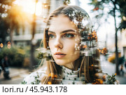 Portrait of a young woman. Conceptual artistic close-up image against the background of a city with double exposure and visual effects. An advertising move. Стоковое AI-изображение, AI-художник Photojuli / Фотобанк Лори