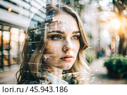 Portrait of a young woman. Conceptual artistic close-up image against the background of a city with double exposure and visual effects. An advertising move. Стоковое AI-изображение, AI-художник Photojuli / Фотобанк Лори