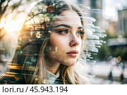 Portrait of a young woman. Conceptual artistic close-up image against the background of a city with double exposure and visual effects. An advertising move. Стоковое AI-изображение, AI-художник Photojuli / Фотобанк Лори