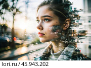 Portrait of a young woman. Conceptual artistic close-up image against the background of a city with double exposure and visual effects. An advertising move. Стоковое AI-изображение, AI-художник Photojuli / Фотобанк Лори