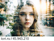 Portrait of a young woman. Conceptual artistic close-up image against the background of a city with double exposure and visual effects. An advertising move. Стоковое AI-изображение, AI-художник Photojuli / Фотобанк Лори