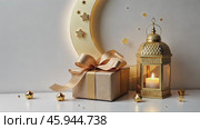 Celebrate Ramadan With Elegant Gift Box, Lantern and Golden Crescent Moon Design in a Serene Setting for the Special Occasion. Стоковое AI-видео, аниматор Sergey Grishin / Фотобанк Лори