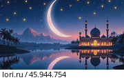 Calm Night at a Mosque With Crescent Moon and Stars Animation for Ramadan Greeting. Стоковое AI-видео, аниматор Sergey Grishin / Фотобанк Лори