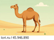 One-humped camel stands on desert sand. Arid Terrain. AI Generative. Стоковое AI-изображение, AI-художник Spirit River / Фотобанк Лори