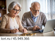 Pension. Saving money. Savings. An elderly couple calculates their savings. Financial literacy. Стоковое AI-изображение, AI-художник Photojuli / Фотобанк Лори