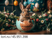 A holiday banner. A cute Easter bunny is peeking out of an Easter egg, and colorful eggs are scattered around. The concept of happy Easter. Стоковое AI-изображение, AI-художник Photojuli / Фотобанк Лори
