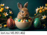A holiday banner. A cute Easter bunny is peeking out of an Easter egg, and colorful eggs are scattered around. The concept of happy Easter. Стоковое AI-изображение, AI-художник Photojuli / Фотобанк Лори