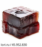 Two wobbly red wine jelly cubes forming a tower on white background. Стоковое AI-изображение, AI-художник Иван Рябоконь / Фотобанк Лори