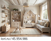 Modern interior design of a children's room with a crib, furniture, toys and personal accessories for a poster. Home decor. Pattern. Стоковое AI-изображение, AI-художник Photojuli / Фотобанк Лори