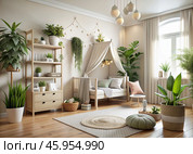 Modern interior design of a children's room with a crib, furniture, toys and personal accessories for a poster. Home decor. Pattern. Стоковое AI-изображение, AI-художник Photojuli / Фотобанк Лори