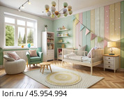 Modern interior design of a children's room with a crib, furniture, toys and personal accessories for a poster. Home decor. Pattern. Стоковое AI-изображение, AI-художник Photojuli / Фотобанк Лори