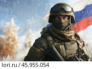 Image of a Soldier of Russian army on background of Russian flag. Стоковое AI-изображение, AI-художник ArtVladZ / Фотобанк Лори