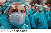 Medical health workers in protective suit, mask, gloves, goggles, face shield. Virus prevention equipment. PPE personal protection. Precaution measures. CDC staff. Asian doctors in PPE biohazard gear. Стоковое AI-видео, аниматор Марина Демидюк / Фотобанк Лори