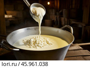 Cheesemaker pouring milk into large pot with curds for cheesemaking process. Стоковое AI-изображение, AI-художник Иван Рябоконь / Фотобанк Лори