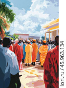 Crowd of african people wearing colorful traditional clothes gathering under cloudy sky. Стоковое AI-изображение, AI-художник Юрий Поздников / Фотобанк Лори
