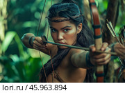Amazon, Young female archer in jungle. Стоковое AI-изображение, AI-художник Михаил Коханчиков / Фотобанк Лори