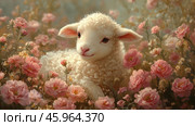 A cute snow-white lamb nestled among blooming pink flowers. Its fur looks soft and fluffy, and its large eyes with a gentle look create a feeling of peace and kindness. The lamb's ears are slightly raised, and its muzzle expresses calm and trust, emphasizing its touching and defenseless nature.The flowers around the lamb are presented in various shades of pink - from light to rich. They look alive and detailed, creating the impression that the lamb is in a magical garden. The flower petals are softly illuminated by warm sunlight, which adds warmth and the atmosphere of a fabulous summer morning to the image. In the background, there are blurred contours of greenery and other flowers, which creates depth and harmony in the composition. Стоковое AI-изображение, AI-художник Анна Кривицкая / Фотобанк Лори