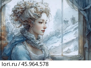 A young woman sitting by the window and thoughtfully looking into the distance. Her image is made in a romantic style, with a touch of vintage aesthetics. The woman has fair skin and a delicate blush on her cheeks. Her hair is curled into voluminous curls and gathered up, creating a sense of neatness and elegance. She is dressed in a light dress with lace and a soft scarf that wraps around her neck, adding texture and comfort.A winter landscape is visible through the window: snowy roofs of houses and trees covered with frost. In the background, roofs with chimneys can be guessed, creating the atmosphere of an old town. The window is decorated with thin curtains that flutter slightly, emphasizing the light winter wind outside the house.The overall style of the image is done in watercolor, with soft blurred contours and pastel shades of blue, white and gray. The painting conveys a sense of coziness, melancholy and thoughtfulness, combining the elegance of details with a general romantic atmosphere. Стоковое AI-изображение, AI-художник Анна Кривицкая / Фотобанк Лори