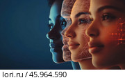 Three female profiles arranged one after the other, like successive layers. Each profile illustrates the combination of human individuality and digital technology.Image details:Faces: Three female faces with different skin tones, symbolizing diversity and uniqueness. The faces are turned in profile, looking to the right.Technological elements: The middle and front profiles show overlays of digital grids and lines, illustrating the use of technologies such as artificial intelligence, biometrics or scanning.Light effects: The background is darkened, with a deep blue tint, which makes the bright lines and details on the faces more contrasting. Warm orange lines add dynamics and focus on the technology.Symbolism: The image expresses the fusion of man and technology, digital identity, a future associated with innovation and technological progress.Composition: The three faces are arranged in a decreasing perspective, creating a sense of depth and time. The central profile is emphasized by the grid and light lines. Стоковое AI-изображение, AI-художник Анна Кривицкая / Фотобанк Лори