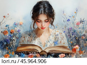 A delicate watercolor illustration of a young girl immersed in a book. The girl is dressed in a light dress with a floral pattern, which harmonizes with the background around her, filled with flowers. Her hair is styled in a light bun, with a few strands falling over her face, giving the image a natural look. The girl's face is focused, with soft rosy cheeks and a closed gaze, emphasizing her passion. The book, with apparently antique pages, occupies the central place. The background is made in light blue, pastel and watercolor tones, with many small flowers and branches, creating a feeling of lightness, nature and dreaminess. The illustration conveys calm, inspiration and harmony. Стоковое AI-изображение, AI-художник Анна Кривицкая / Фотобанк Лори
