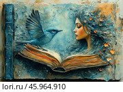 An exquisite artistic composition in watercolor style, filled with symbolism and fantasy. In the foreground is an open book with elements flying out of it, including a bright blue bird with spread wings. Next to the book is a girl with closed eyes and an expressive face, her hair seems to dissolve in the texture of the background, filled with blue and golden shades. The background is made in mixed media, with the effect of old paper and craquelure, adding a sense of antiquity and magic to the composition. The book seems to be a source of inspiration and fantasy, connecting the girl and the bird in a single movement. The overall atmosphere of the image is harmony, dreaminess and depth. Стоковое AI-изображение, AI-художник Анна Кривицкая / Фотобанк Лори