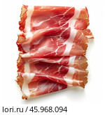 Delicious slices of speck ham creating an elegant composition on white background. Стоковое AI-изображение, AI-художник Иван Рябоконь / Фотобанк Лори