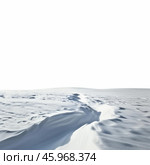 Snowdrifts creating a small gully in a snow covered landscape on white background. Стоковое AI-изображение, AI-художник Иван Рябоконь / Фотобанк Лори