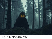 Mysterious figure lurking in dark forest wearing glowing glasses. Стоковое AI-изображение, AI-художник Иван Рябоконь / Фотобанк Лори