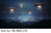Unidentified flying objects hover over a city buildings skyline at night. Стоковое AI-изображение, AI-художник Михаил Коханчиков / Фотобанк Лори