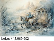 A figure of a rider galloping through a snowy landscape. Winds and snow whirlwinds surround them, creating a sense of speed and dynamism. The rider is dressed in a blue cloak that flutters in the wind. His figure blends into the deserted landscape, where ruined buildings can be seen in the distance, partially hidden in clouds and snow. The atmosphere is mystical, ominous, with a slight touch of magic and mystery. A cool color palette with blue and gray tones predominates, enhancing the feeling of winter cold and bad weather. Стоковое AI-изображение, AI-художник Анна Кривицкая / Фотобанк Лори