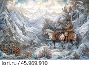 A winter mountain scene in which two riders ride horses through a snowy landscape. In the foreground are two people in winter clothing, with weapons and equipment, moving through the mountainous terrain. In the distance, majestic mountains covered in snow can be seen. The atmosphere of the scene depicted creates a sense of calm and detachment, but there is also a sense of adventure, restrained risk and the majesty of nature. The entire scene is done in pastel colors, with cool shades of blue, white and gray predominating. Стоковое AI-изображение, AI-художник Анна Кривицкая / Фотобанк Лори