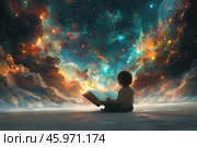 Маленькая девочка читает большую книгу со сказками и созерцает космос в вечернем небе. Стоковое AI-изображение, AI-художник Ярославский Максим / Фотобанк Лори