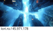 Photo of converging towers of skyscrapers reaching the clouds, view from below. Стоковое AI-изображение, AI-художник Ярославский Максим / Фотобанк Лори