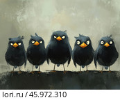 Five funny black birds with expressive faces standing in a row on a surface resembling a branch or a fence. The birds are made in a caricature style, with exaggerated features: large round eyes, bright orange beaks and slightly ruffled feathers. Each bird expresses its own mood: from anger to suspicion, which gives the scene a comic and lively character. The background is neutral, made in textured shades of gray and beige, which allows you to focus on the characters themselves. The whole image is filled with humor and lightness, as if the birds are participating in some funny plot. Стоковое AI-изображение, AI-художник Анна Кривицкая / Фотобанк Лори