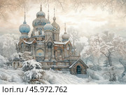 A fairytale temple with traditional Russian-style domes covered with intricate patterns and details. The building is located in a winter landscape surrounded by snow-covered trees. The domes vary in shape, including round and ribbed, painted in blue and gold tones. Snow covers the roofs, tree branches and the ground, adding an atmosphere of peace and fairytale to the image. The light color scheme with a predominance of white, blue and soft golden shades creates a feeling of silence and magic. Стоковое AI-изображение, AI-художник Анна Кривицкая / Фотобанк Лори
