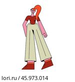 Young hypertrophied girl stands in a pose. Red-haired girl with a tail in light trousers in full growth. Disproportionate character with big legs. Vector illustration. Стоковая иллюстрация, иллюстратор Алёна Остроухова / Фотобанк Лори