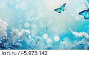 Beautiful bright summer spring background for bloggers or advertising with flying butterflies and fragrant flowers. Стоковое AI-видео, аниматор ALLA YURTAYEVA / Фотобанк Лори