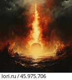 A dramatic landscape where a brightly burning fire rises like a pillar above a stormy sea. The sun disk or other round object appears to be submerged in the water, illuminating the surrounding environment with a powerful light. The sky is covered with thunderclouds, contrasting with the bright colors of the fire. The painting conveys the power of the elements and creates an atmosphere of apocalypse or catharsis. Стоковое AI-изображение, AI-художник Анна Кривицкая / Фотобанк Лори