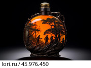 Hunters resting in the woods inside orange round decorative flask. Стоковое AI-изображение, AI-художник Иван Рябоконь / Фотобанк Лори