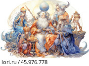 A scene full of magic and grandeur. The central place is occupied by a wise old man sitting on a throne, surrounded by other figures. He is dressed in a rich orange robe, and his long white beard gives the image majesty. Around him are various characters, each of which has its own unique elements: one figure holds something symbolic in his hands, another has a crown on his head, and in general the whole composition looks like a gathering of magical creatures, rulers or magi. Their clothes are exquisite, and their poses and facial expressions show respect and the importance of the moment. All this is surrounded by fantastic elements and soft watercolor shades, which gives the plot an atmosphere of magic and antiquity. Стоковое AI-изображение, AI-художник Анна Кривицкая / Фотобанк Лори